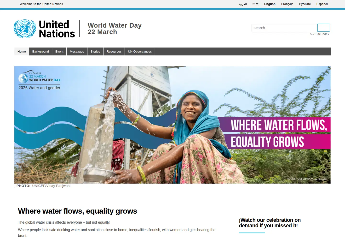 Captured homepage of worldwaterday.org in the current scan