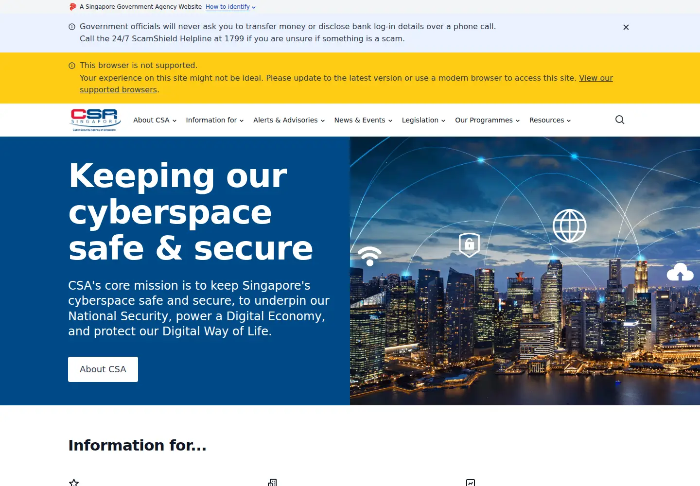 Captured homepage of csa.gov.sg in the current scan