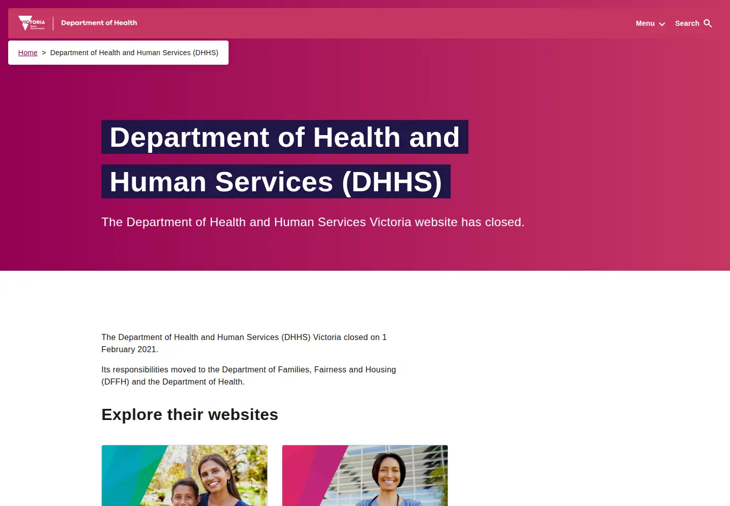 Screenshot of dhhs.vic.gov.au
