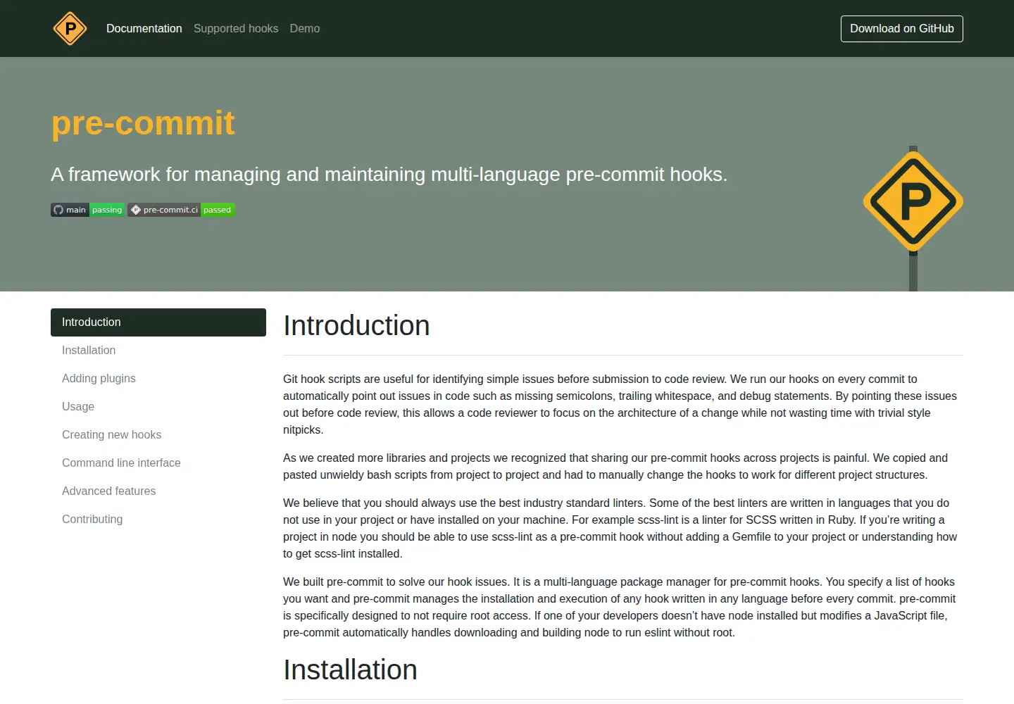 Captured homepage of pre-commit.com in the current scan