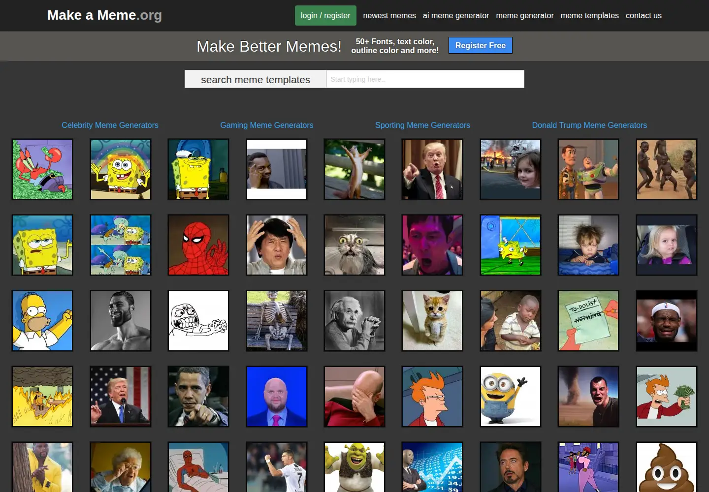 Captured homepage of makeameme.org in the current scan
