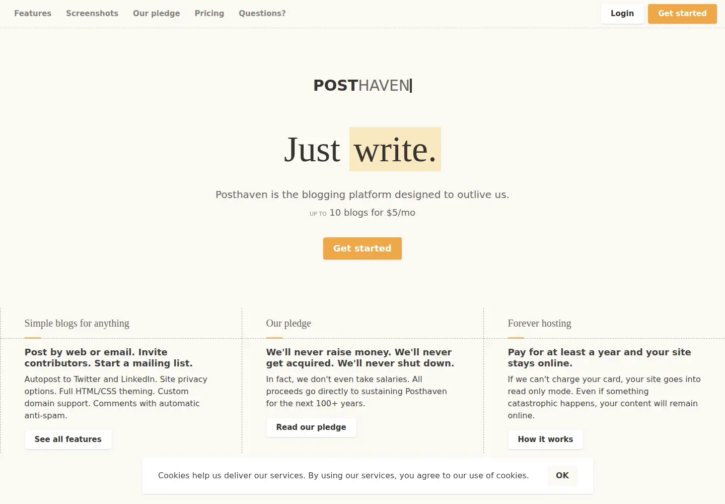 Captured homepage of posthaven.com in the current scan
