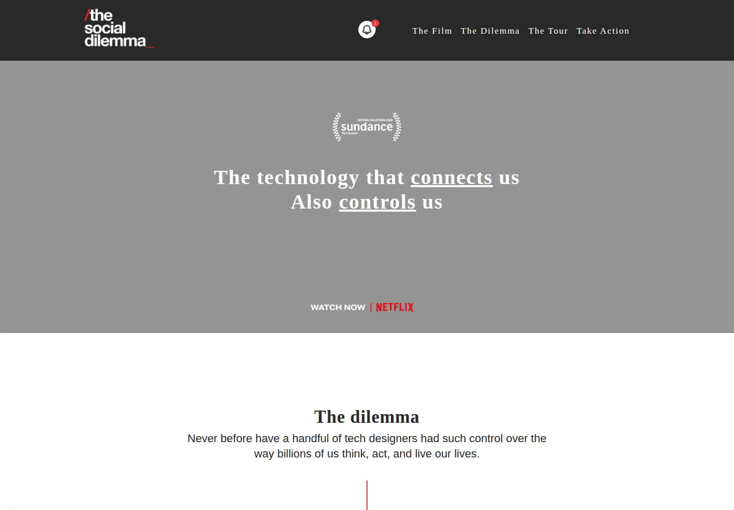 Captured homepage of thesocialdilemma.com in the current scan