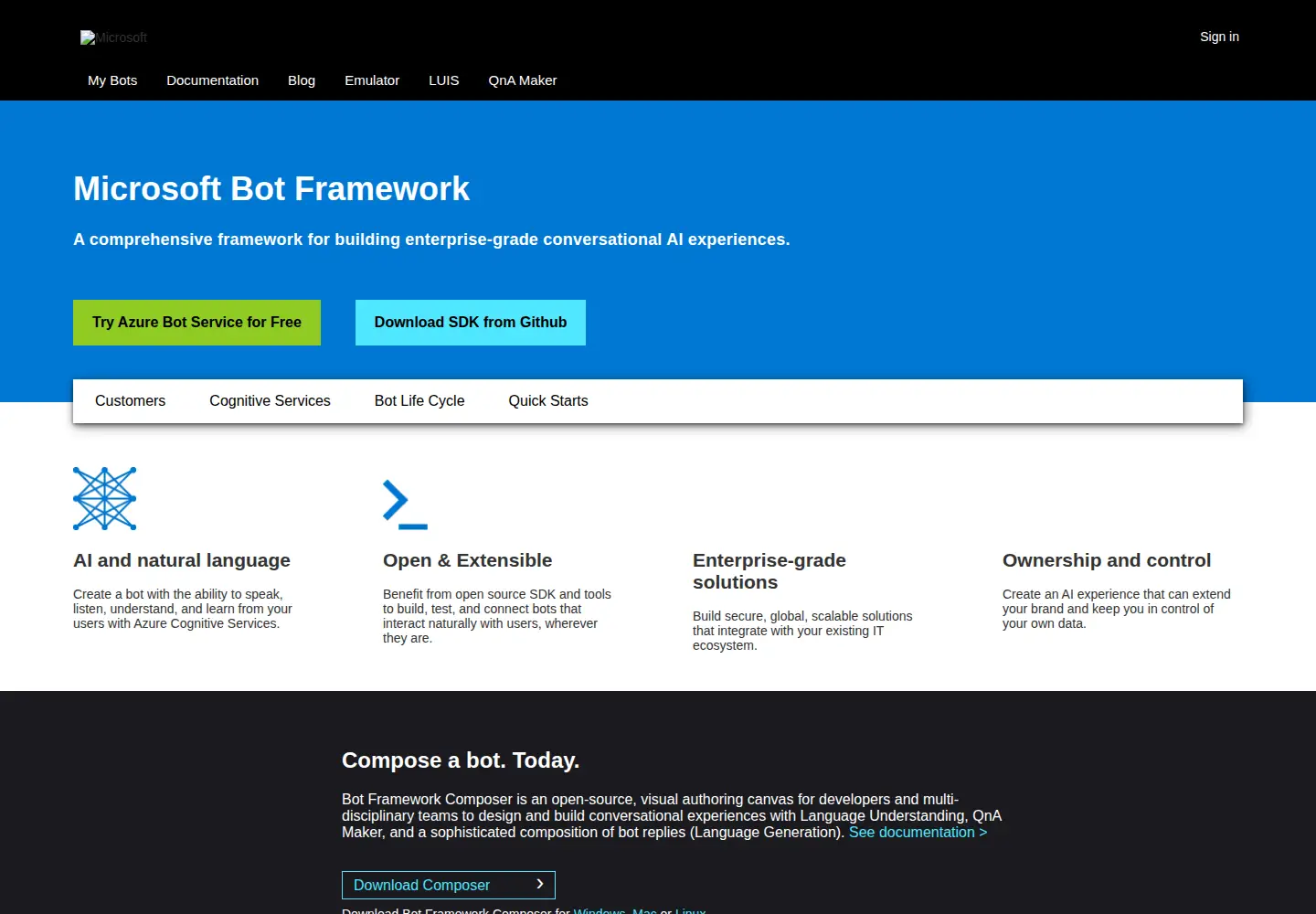 Captured homepage of botframework.com in the current scan