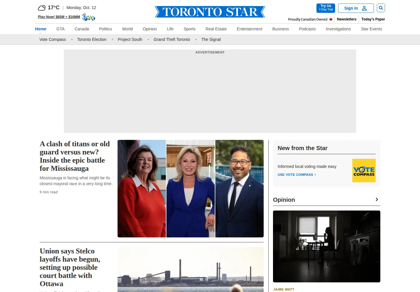 Captured homepage of metronews.ca in the current scan