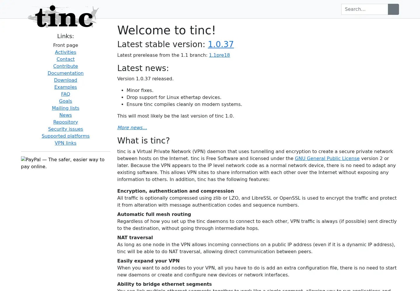 Captured homepage of tinc-vpn.org in the current scan