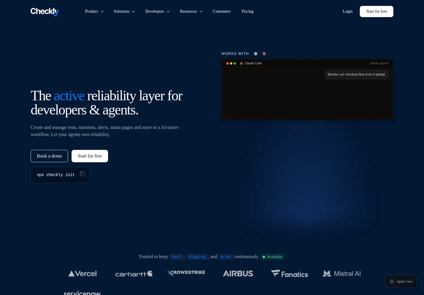 Screenshot of checklyhq.com