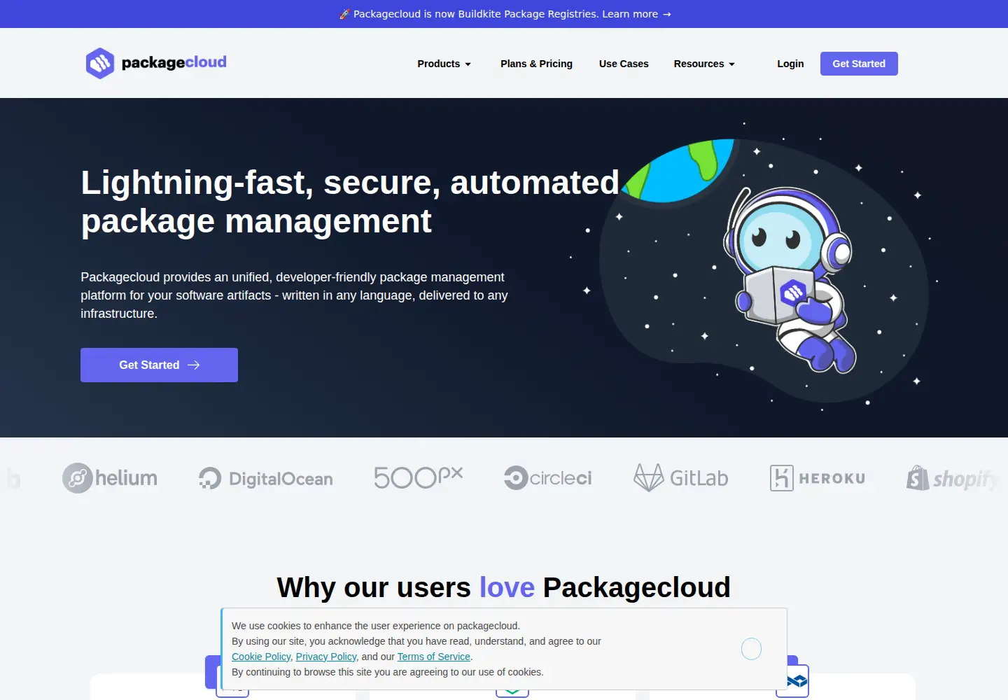 Captured homepage of packagecloud.io in the current scan