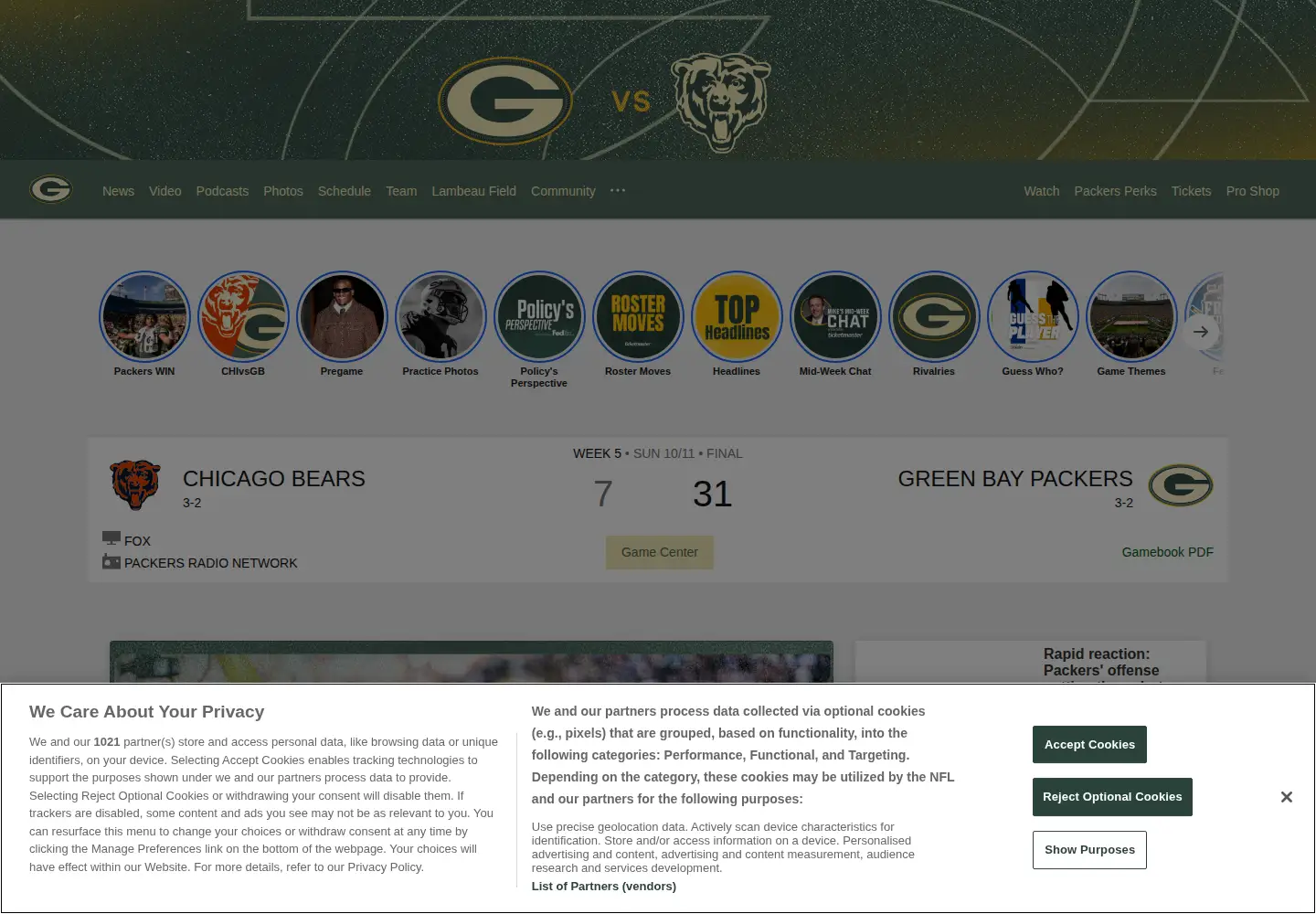 Screenshot of packers.com