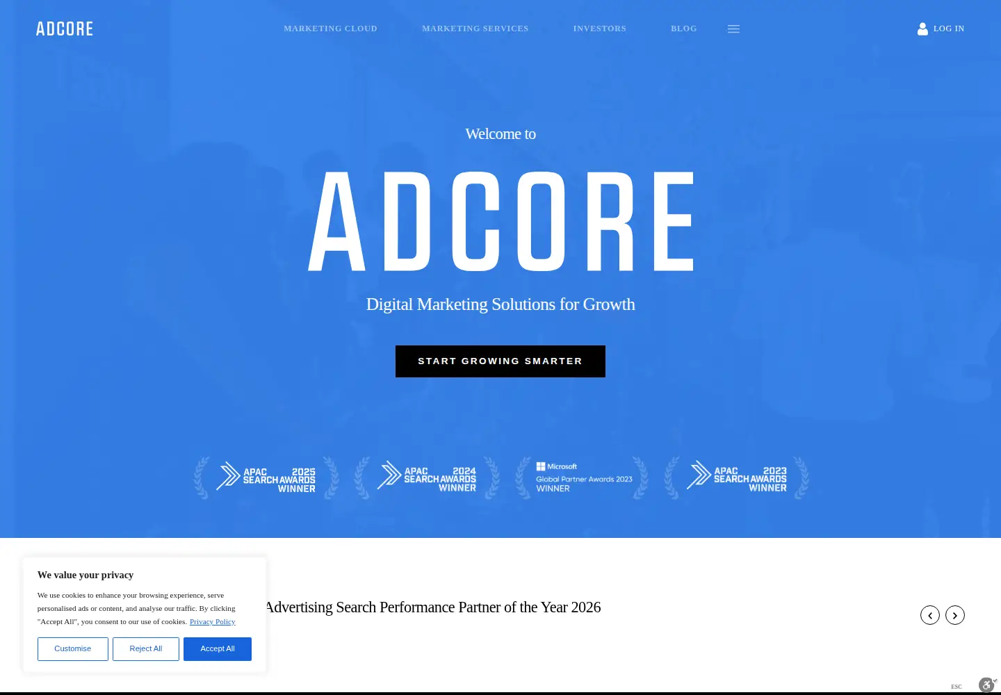Captured homepage of adcore.com in the current scan