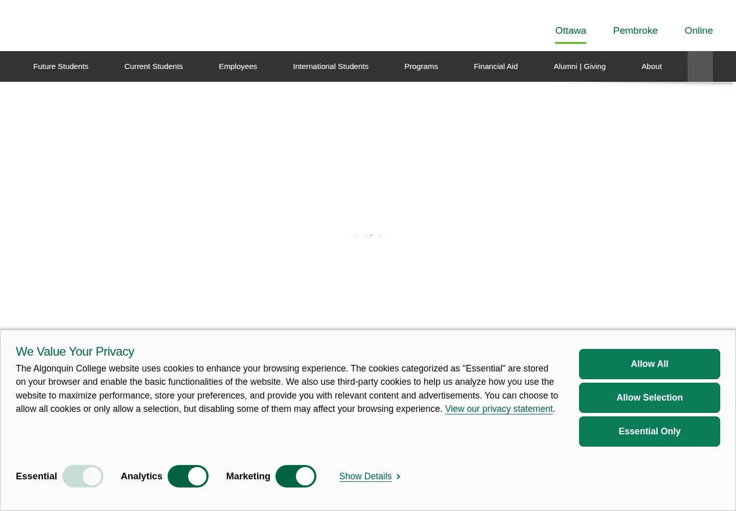 Captured homepage of algonquincollege.com in the current scan