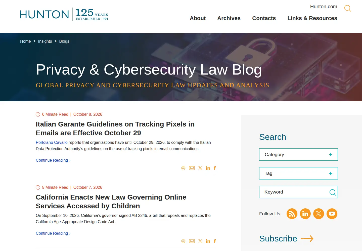 Captured homepage of huntonprivacyblog.com in the current scan