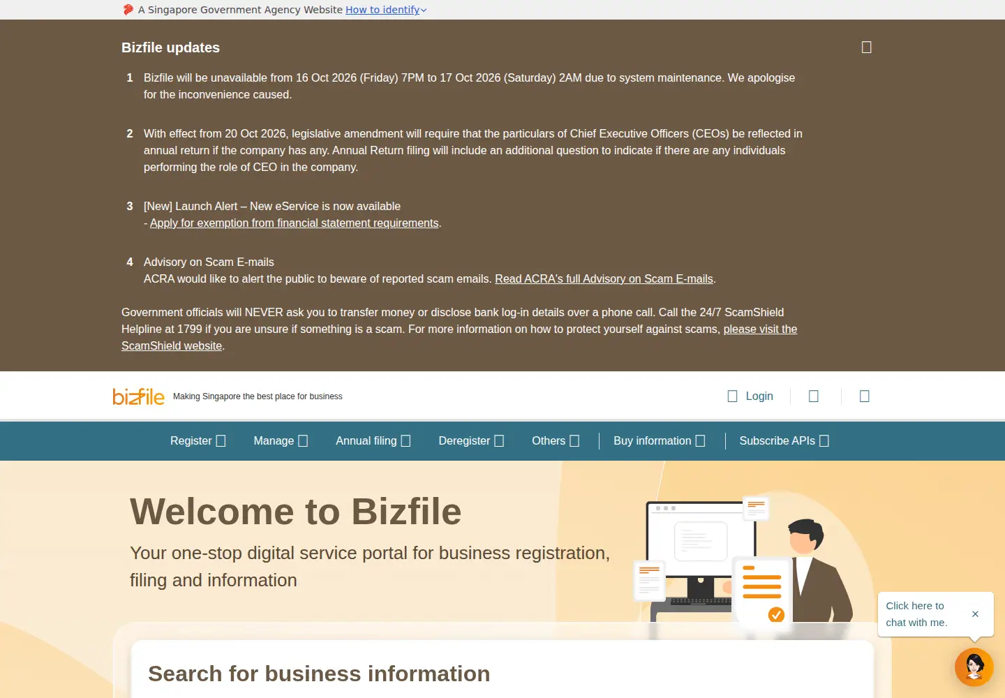 Captured homepage of bizfile.gov.sg in the current scan