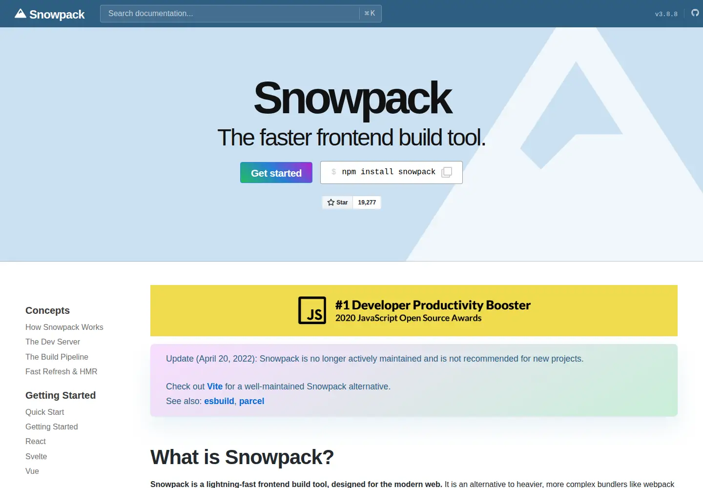 Screenshot of snowpack.dev
