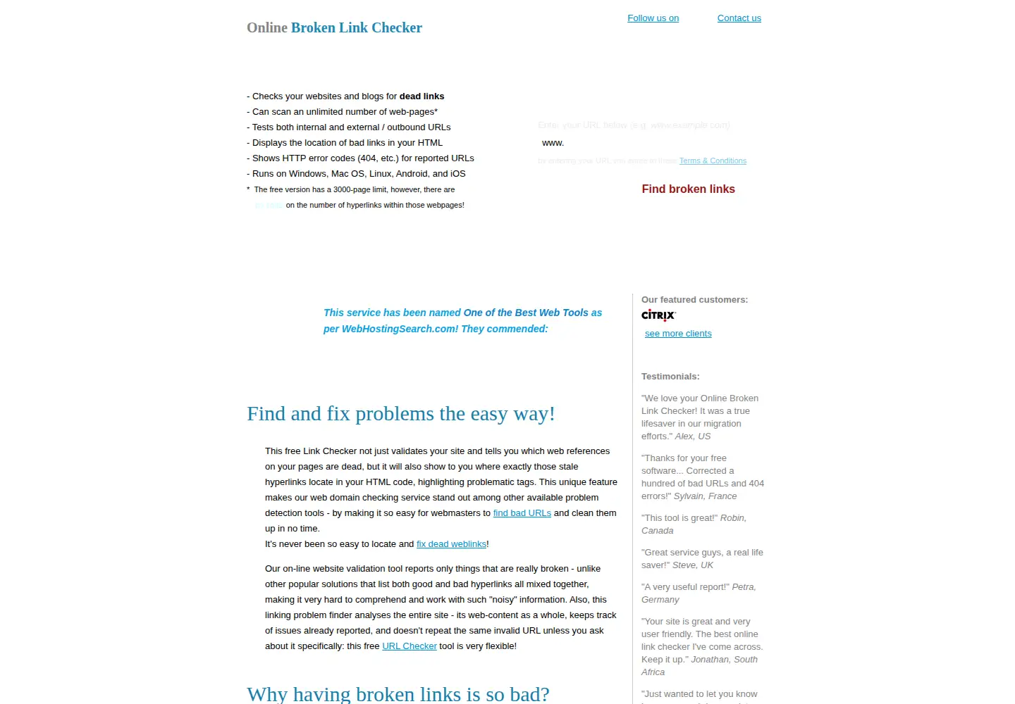 Captured homepage of brokenlinkcheck.com in the current scan