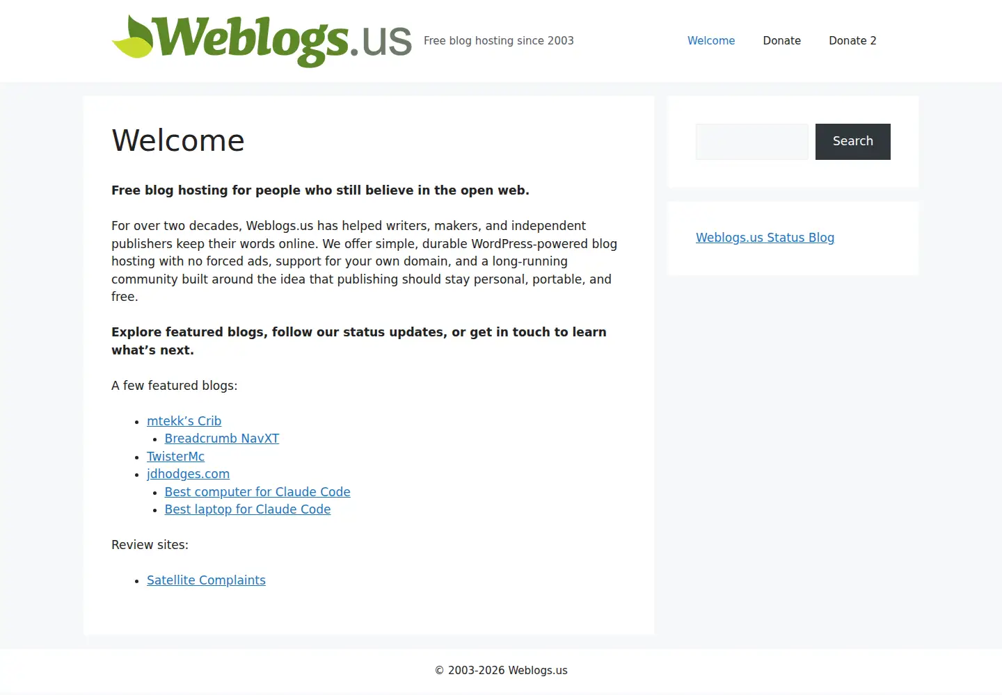 Captured homepage of weblogs.us in the current scan