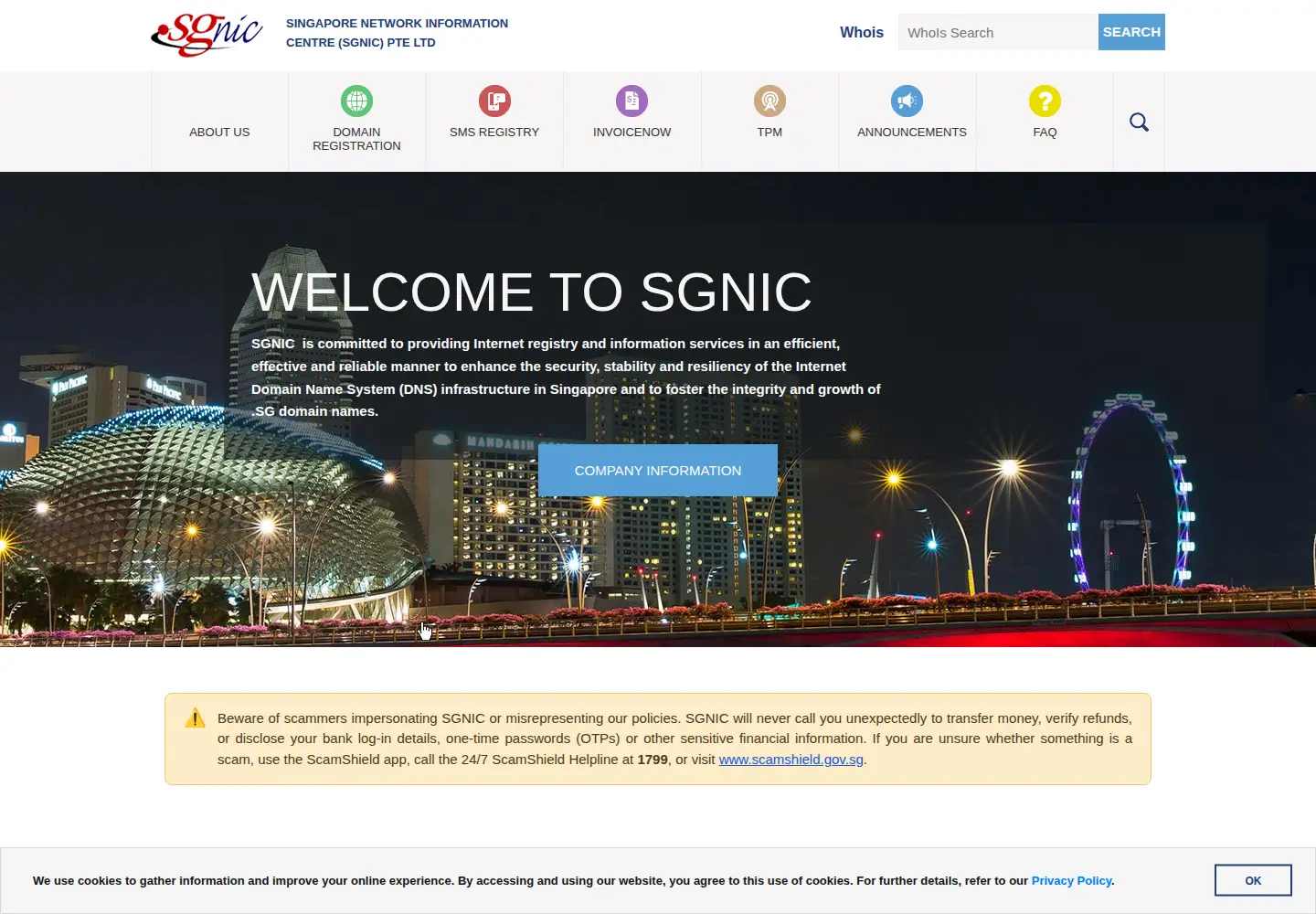 Captured homepage of sgnic.sg in the current scan