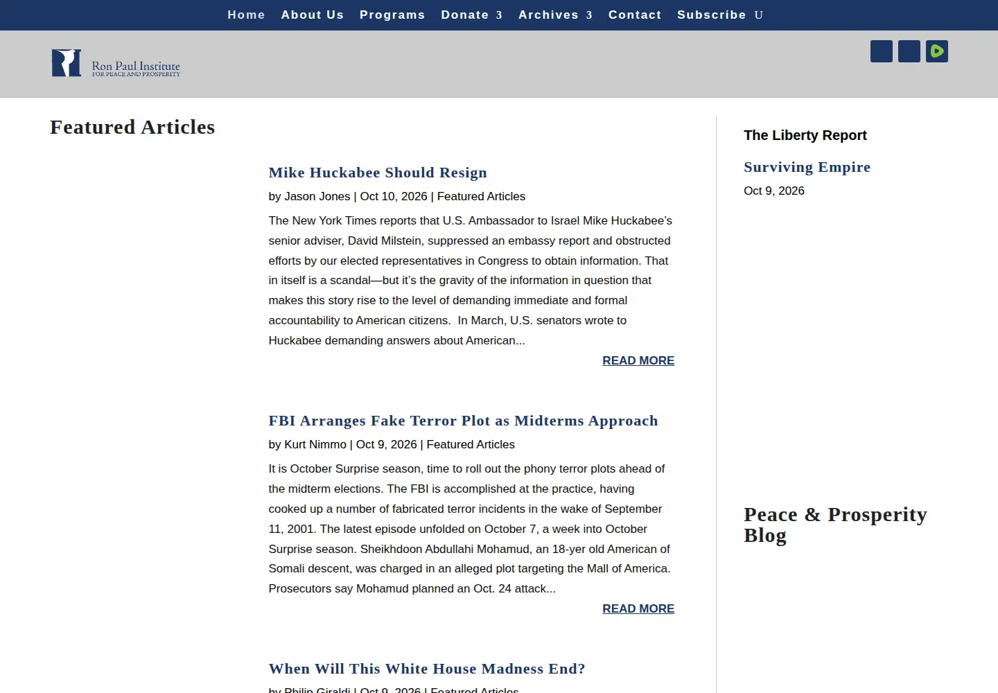 Captured homepage of ronpaulinstitute.org in the current scan
