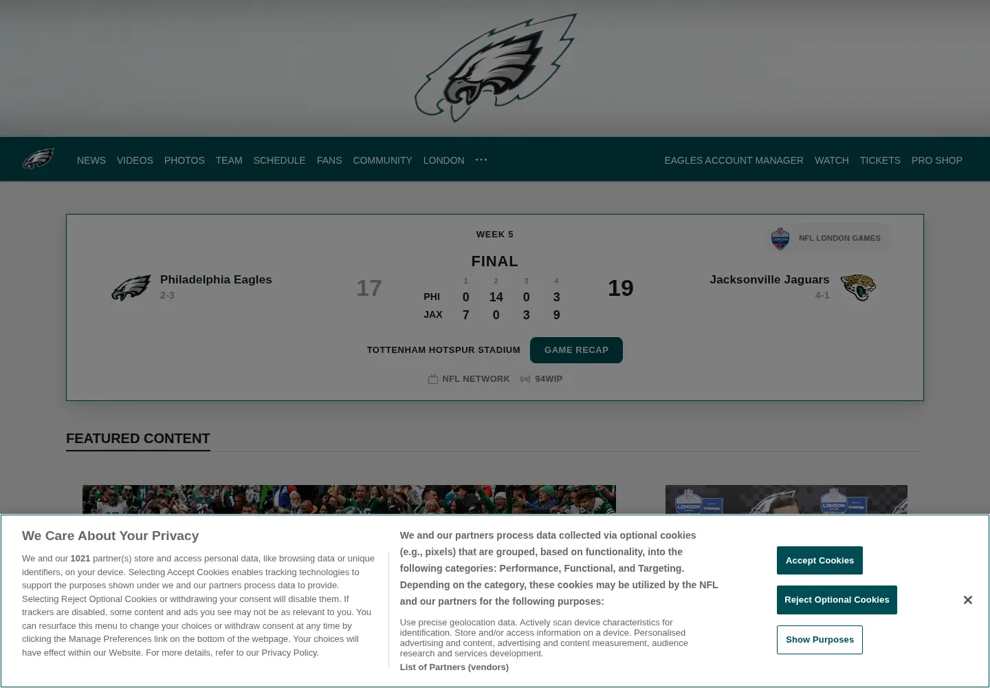 Screenshot of philadelphiaeagles.com