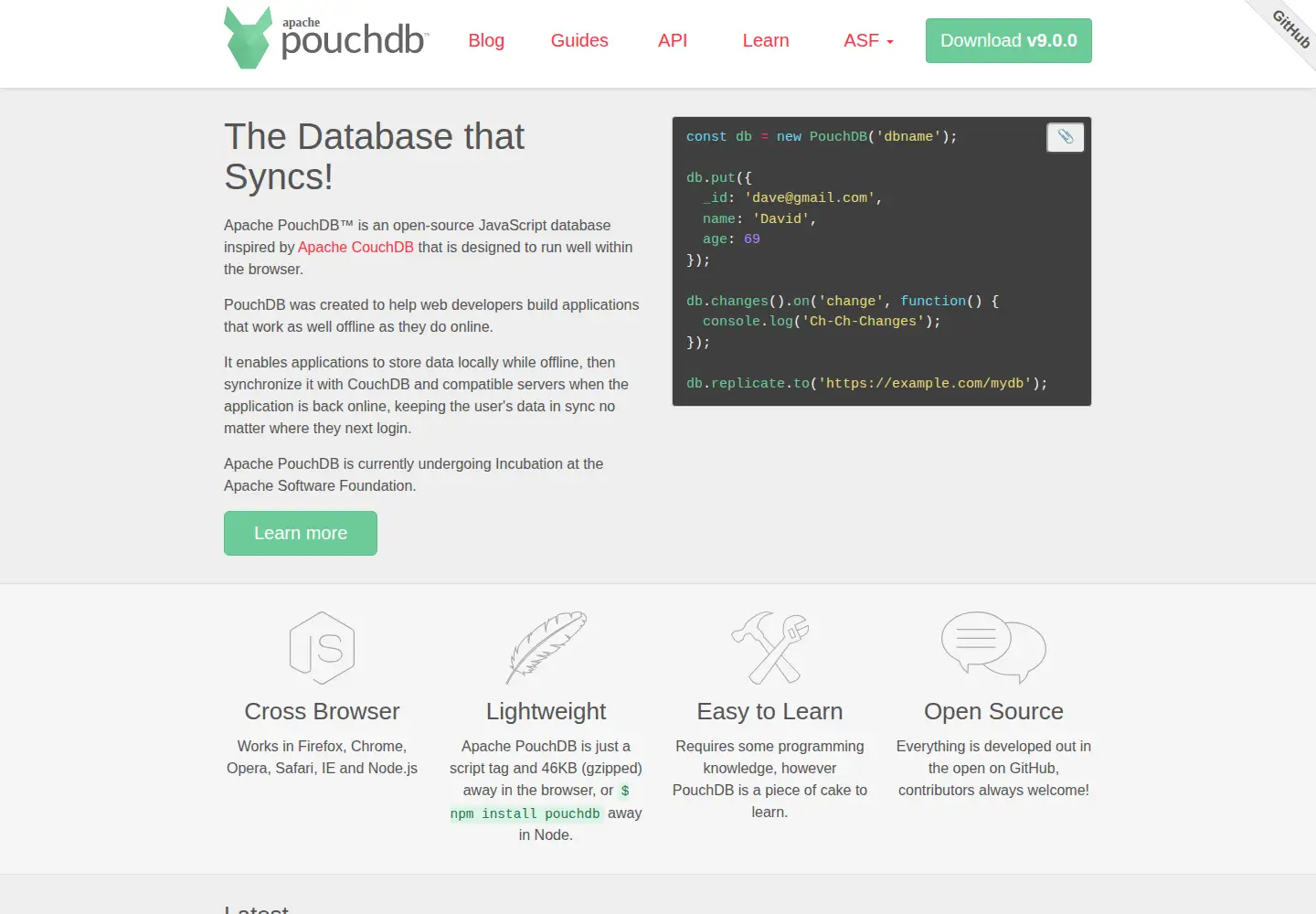 Captured homepage of pouchdb.com in the current scan