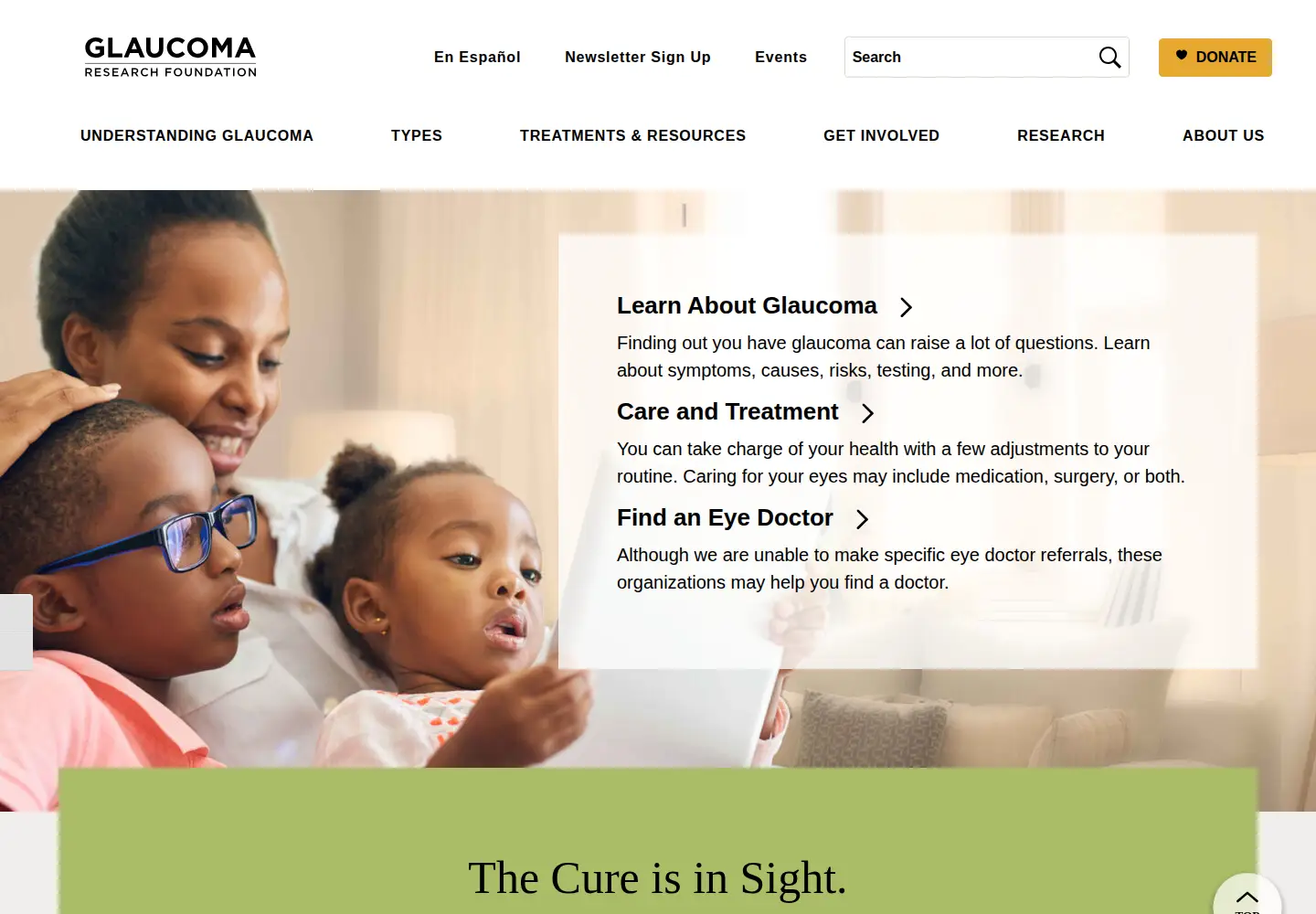 Captured homepage of glaucoma.org in the current scan