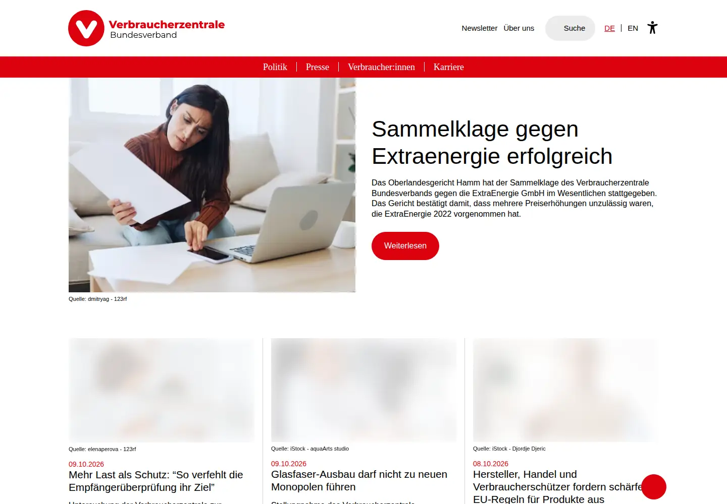 Captured homepage of vzbv.de in the current scan