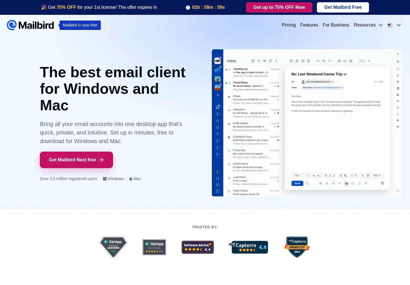 Screenshot of getmailbird.com