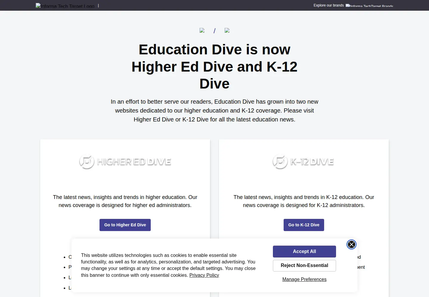 Captured homepage of educationdive.com in the current scan