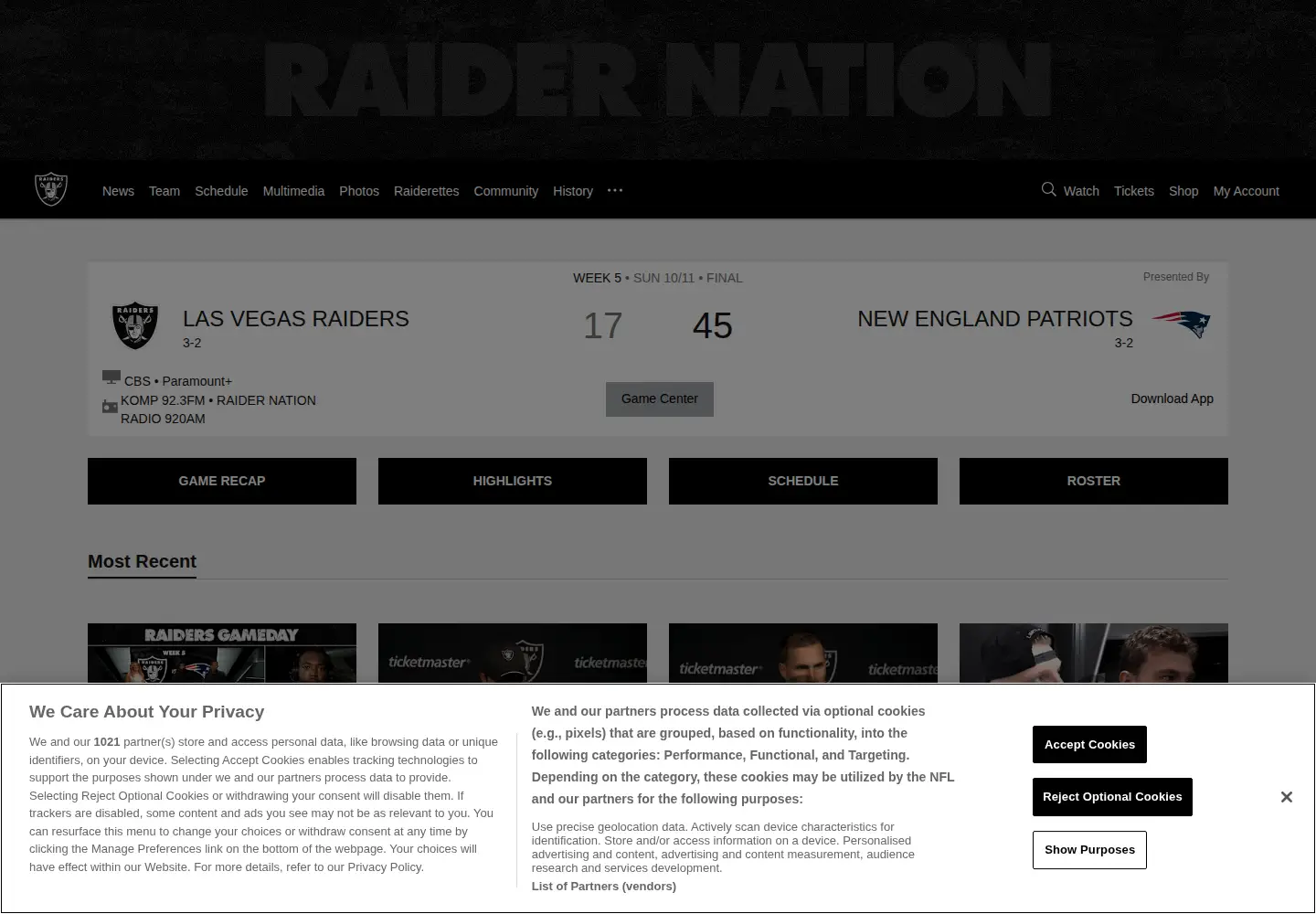 Captured homepage of raiders.com in the current scan