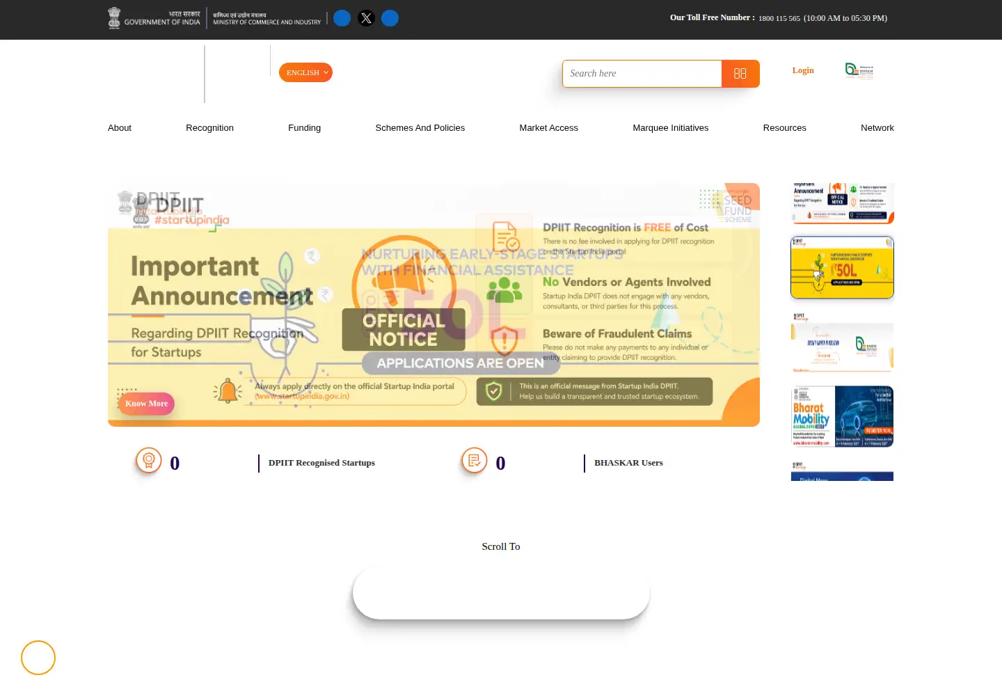 Screenshot of startupindia.gov.in