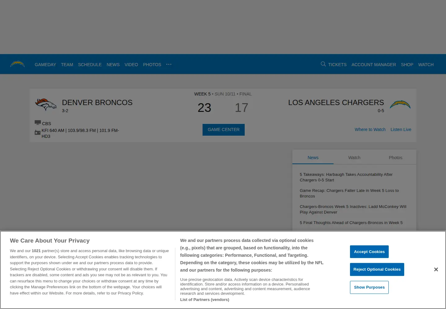 Captured homepage of chargers.com in the current scan