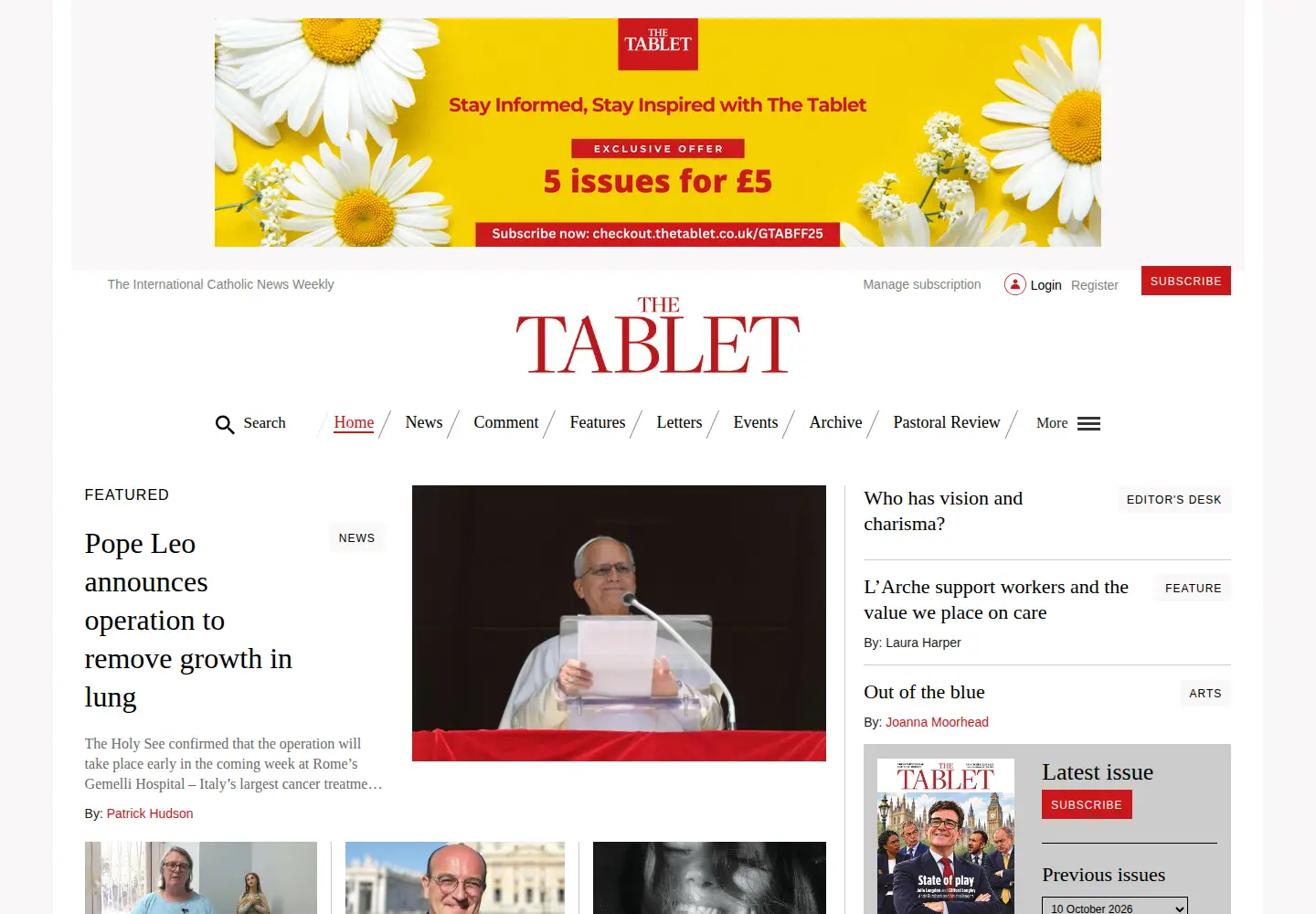 Captured homepage of thetablet.co.uk in the current scan