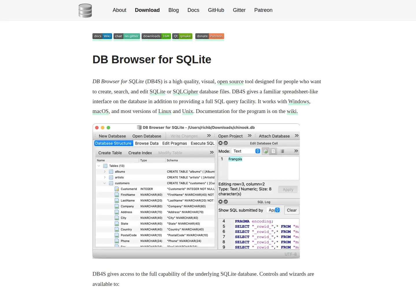 Captured homepage of sqlitebrowser.org in the current scan
