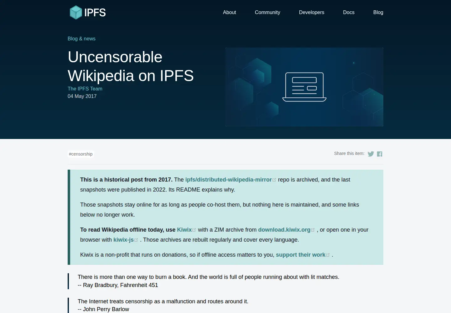 Captured homepage of wikipedia-on-ipfs.org in the current scan