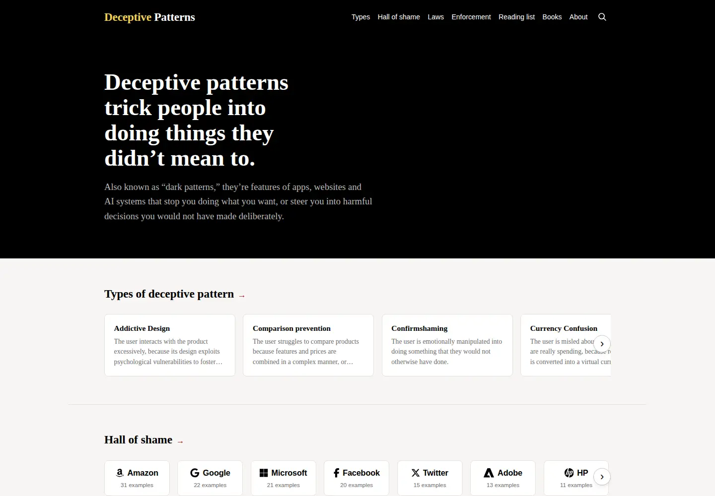 Captured homepage of deceptive.design in the current scan