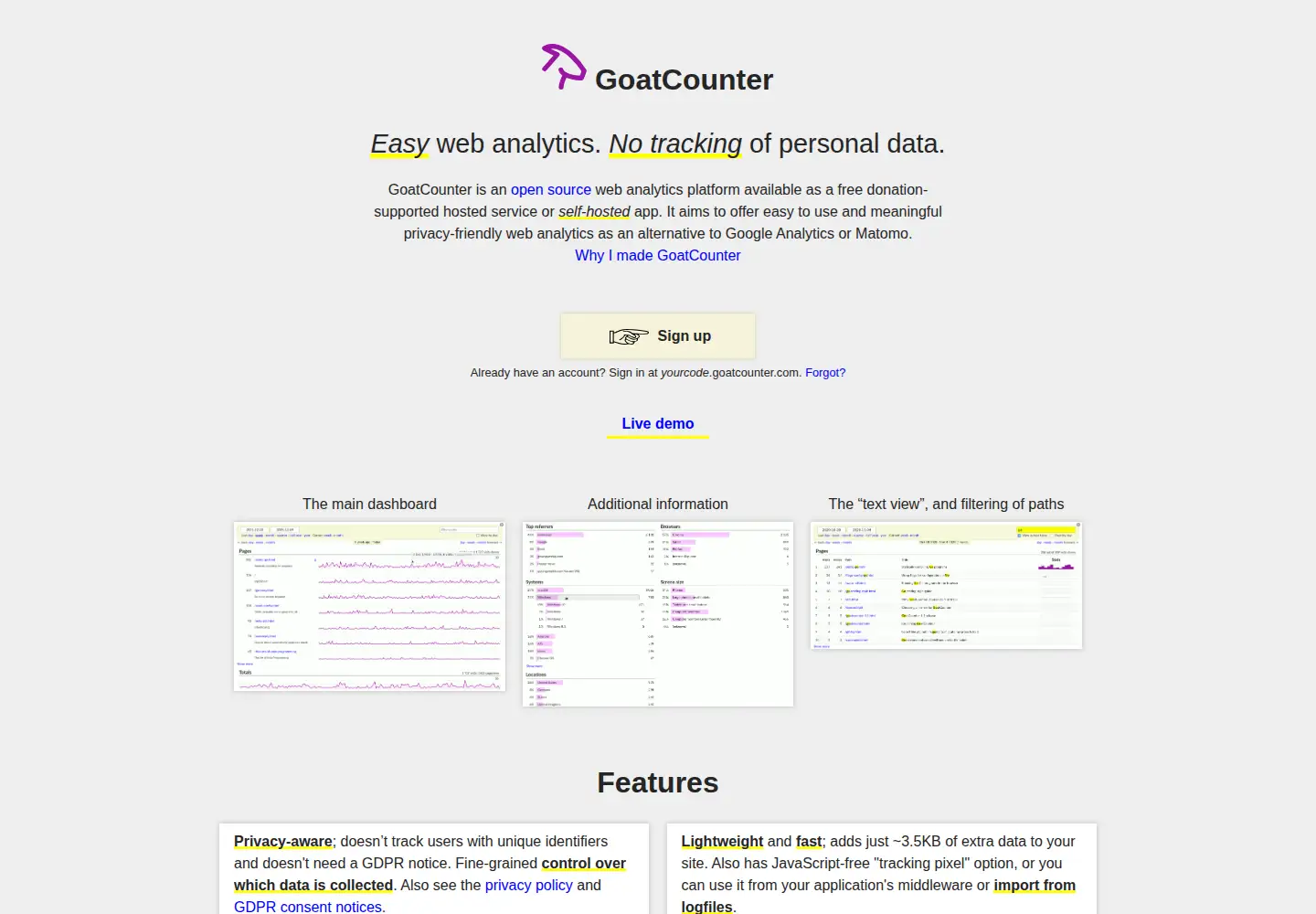 Screenshot of goatcounter.com