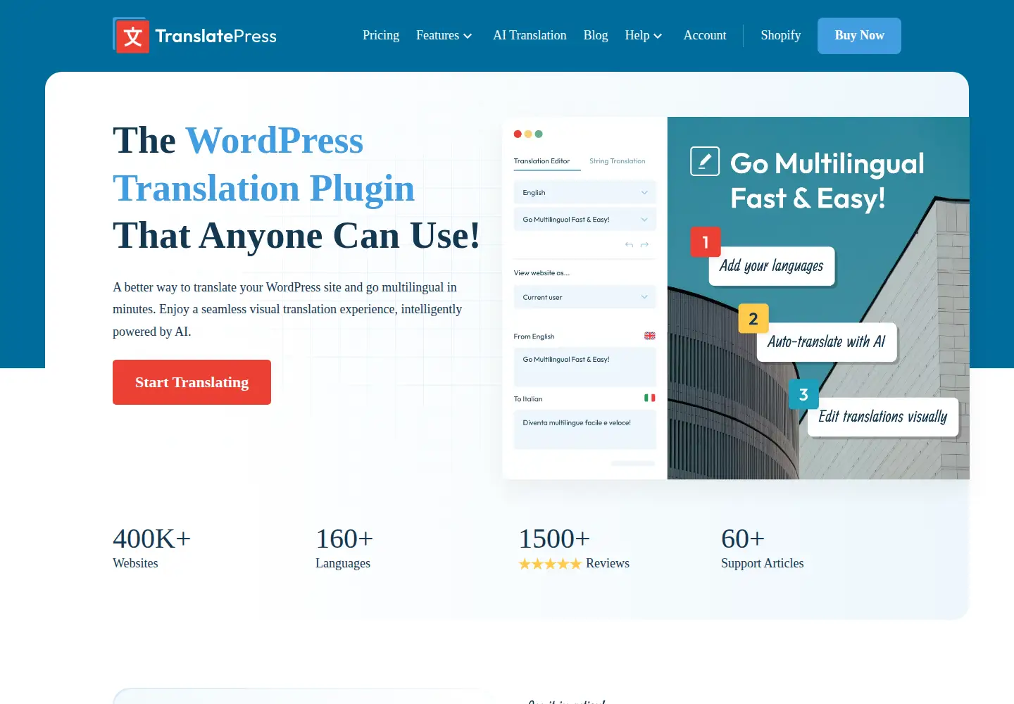 Captured homepage of translatepress.com in the current scan