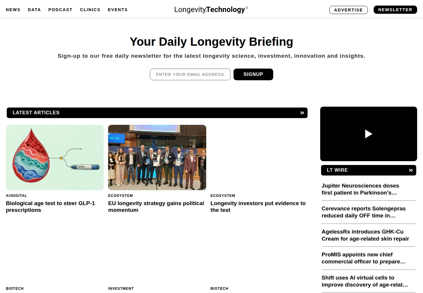 Captured homepage of longevity.technology in the current scan