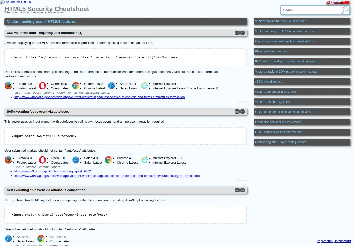Captured homepage of html5sec.org in the current scan