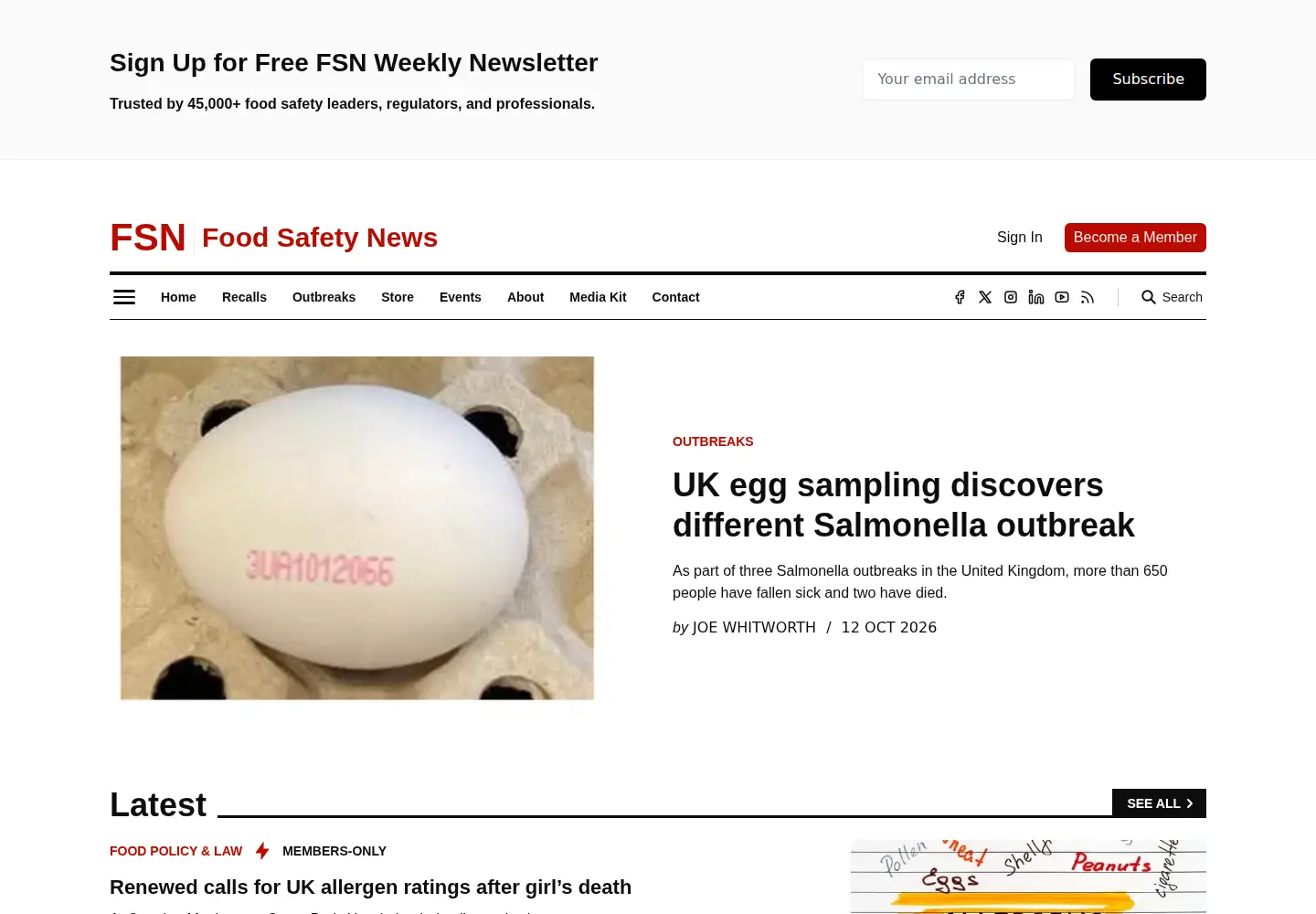 Captured homepage of foodsafetynews.com in the current scan