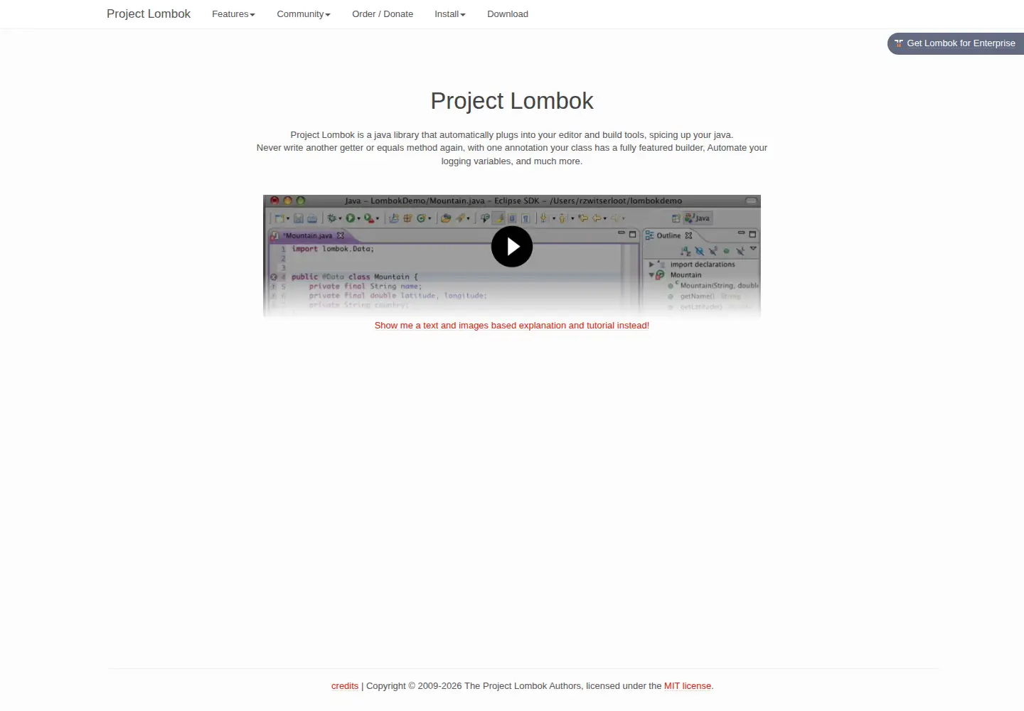 Screenshot of projectlombok.org