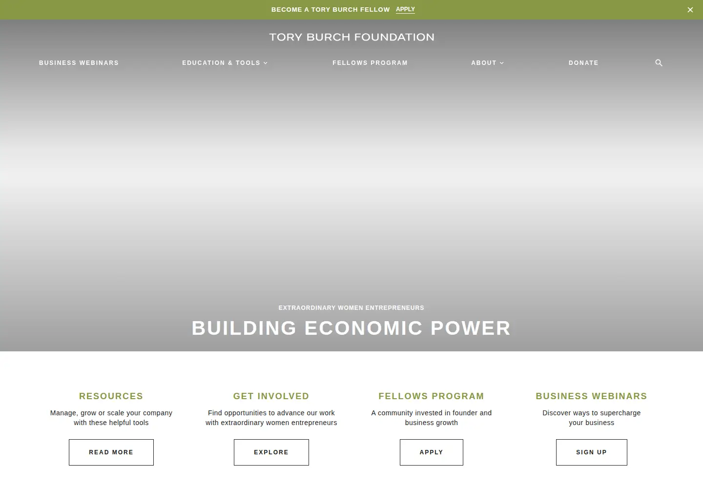 Captured homepage of toryburchfoundation.org in the current scan