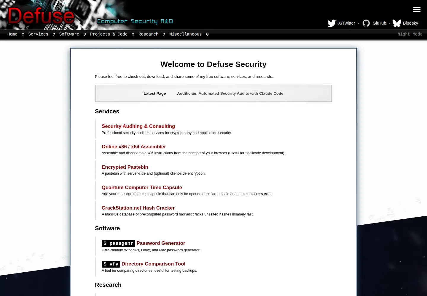Captured homepage of defuse.ca in the current scan