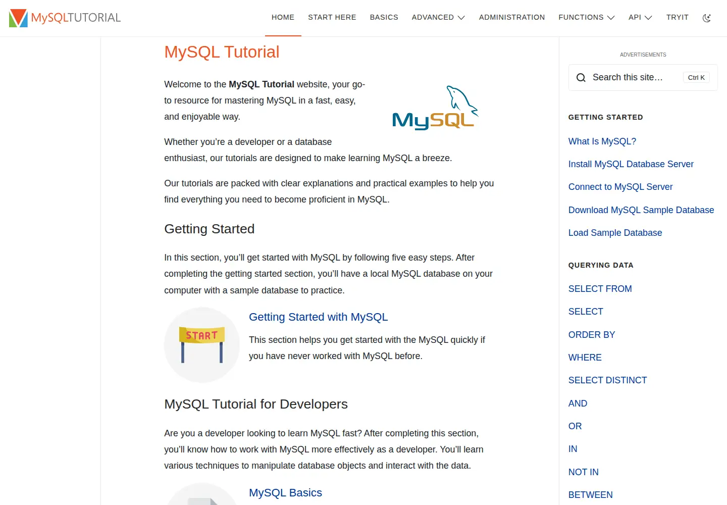 Captured homepage of mysqltutorial.org in the current scan