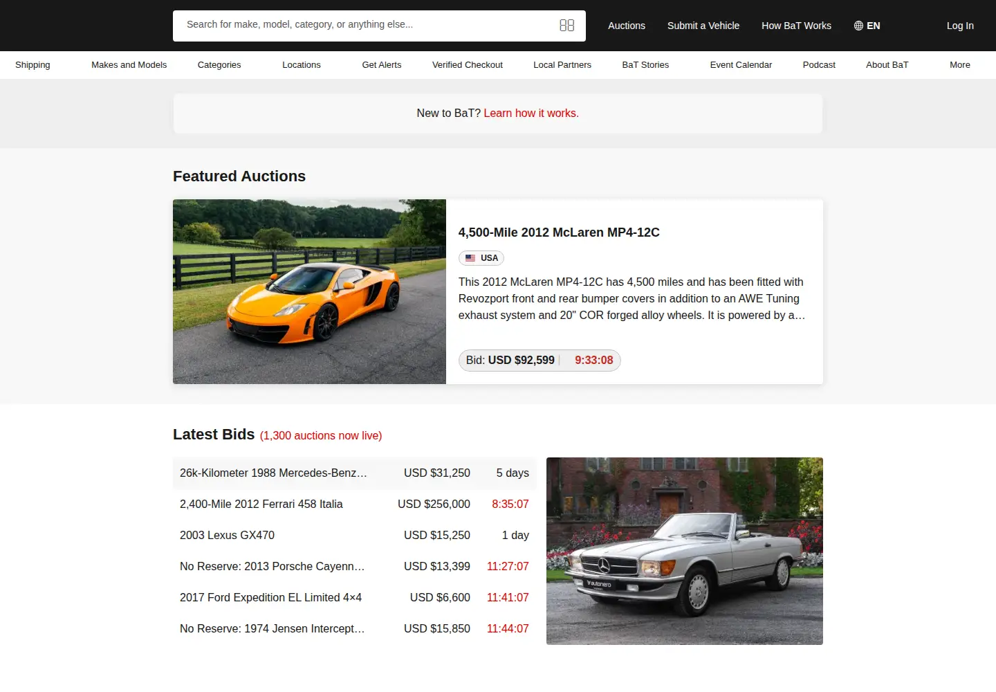 Captured homepage of bringatrailer.com in the current scan