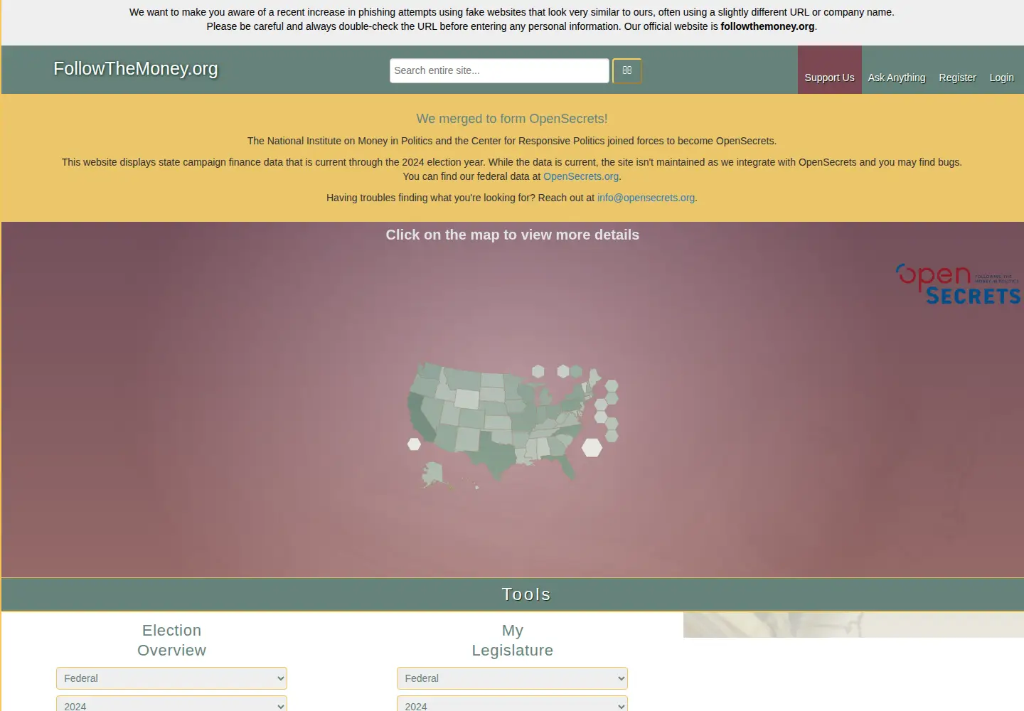 Captured homepage of followthemoney.org in the current scan
