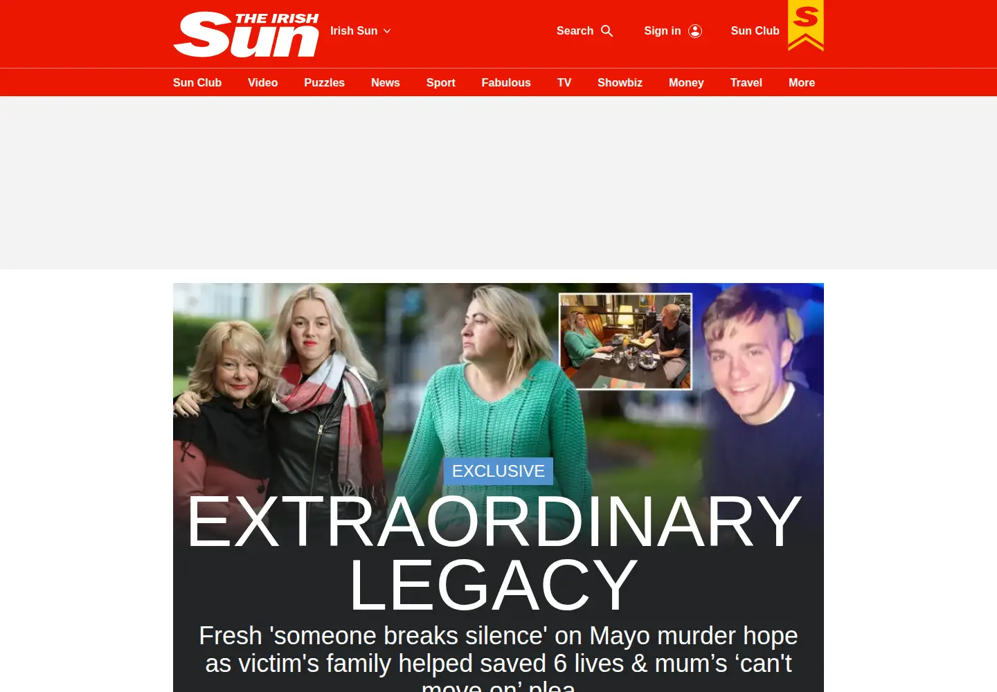 Captured homepage of thesun.ie in the current scan