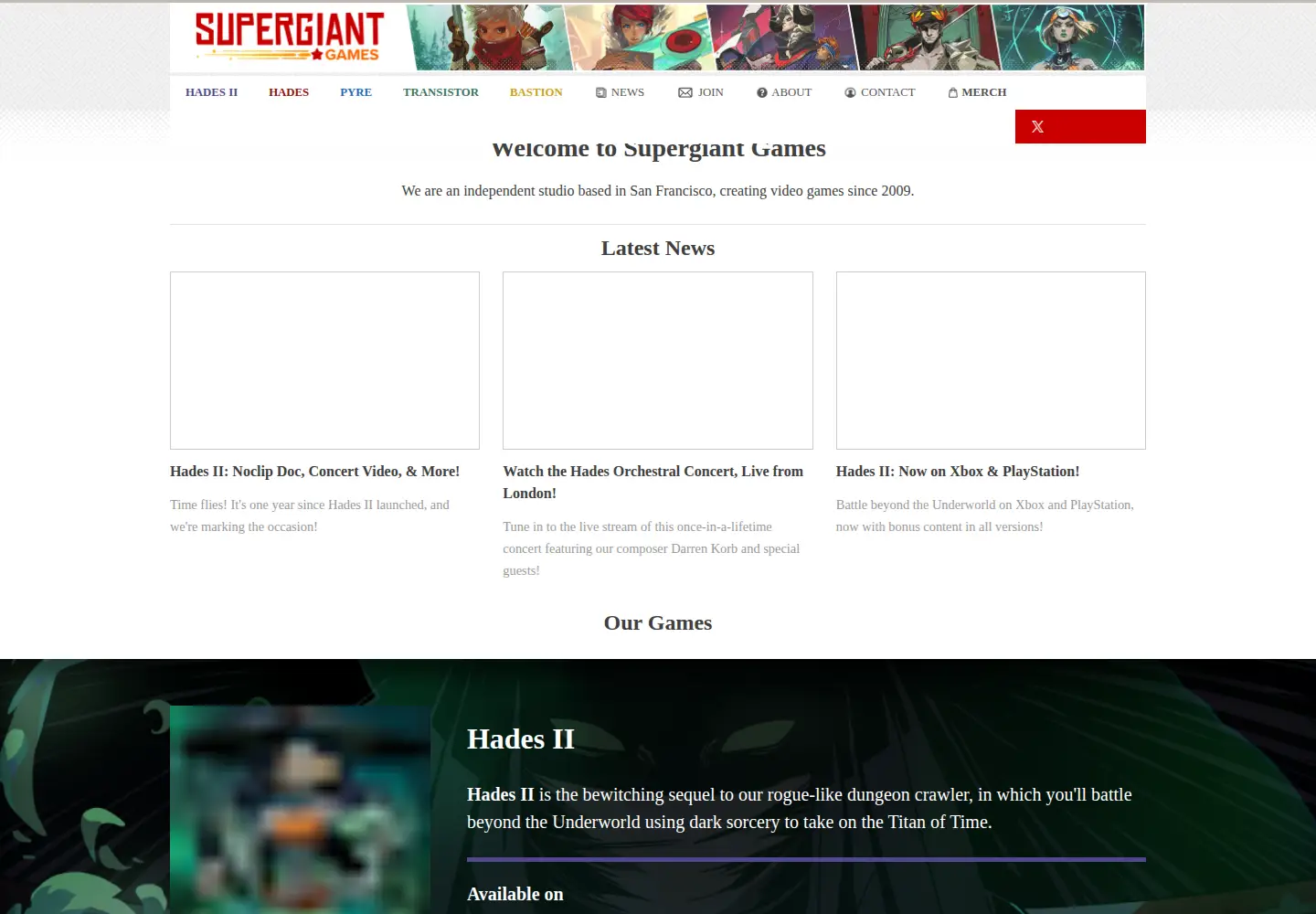 Captured homepage of supergiantgames.com in the current scan