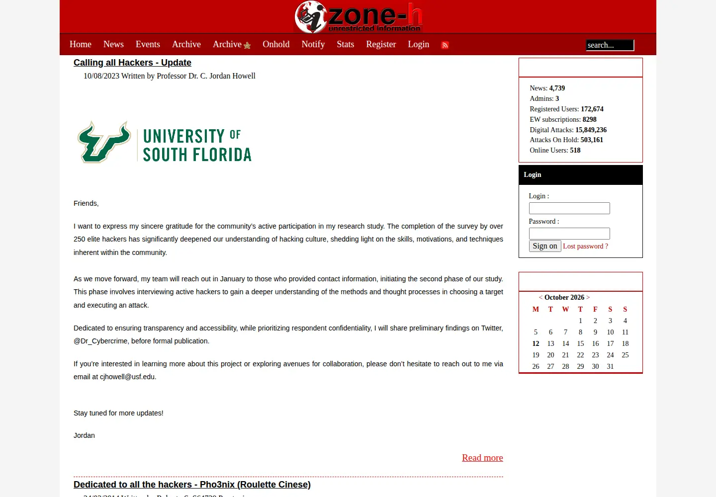 Captured homepage of zone-h.org in the current scan