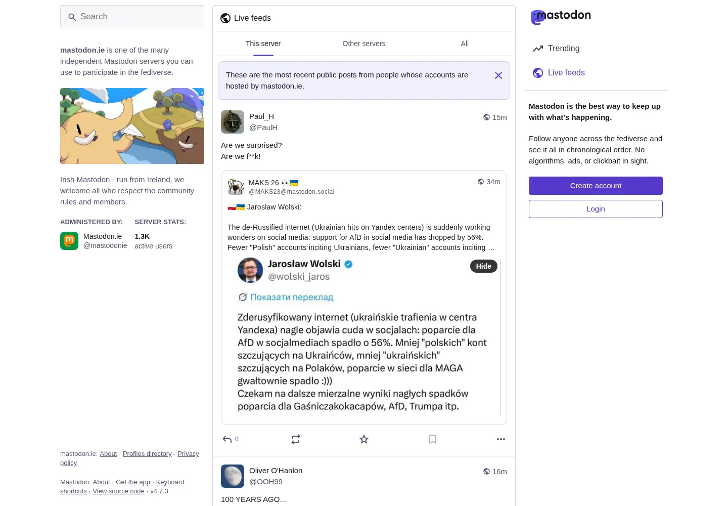 Captured homepage of mastodon.ie in the current scan